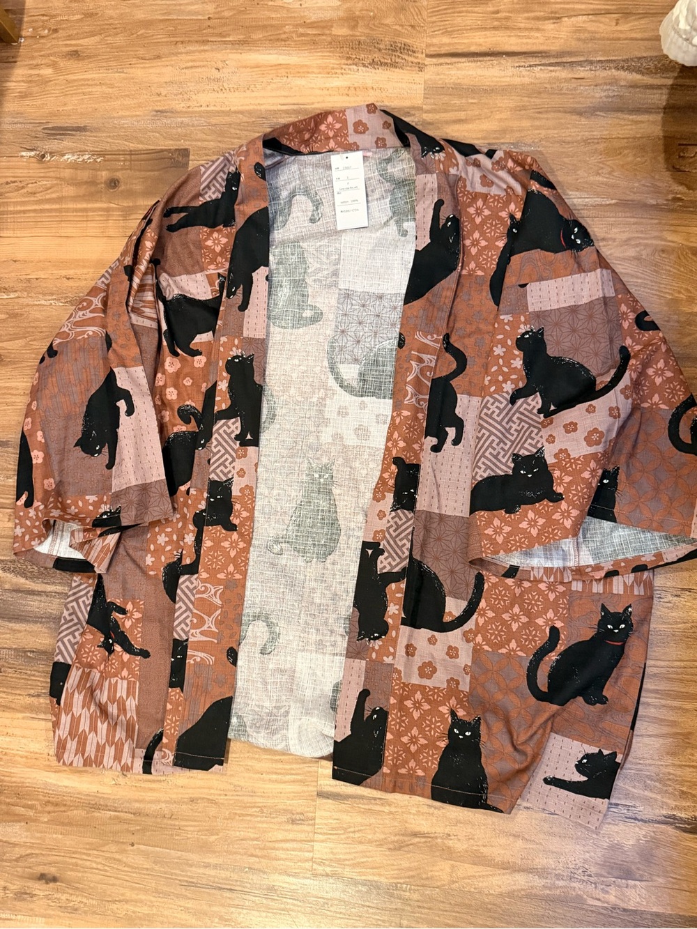 Cat Print Lightweight Kimono Jacket - Black Cats on Rust